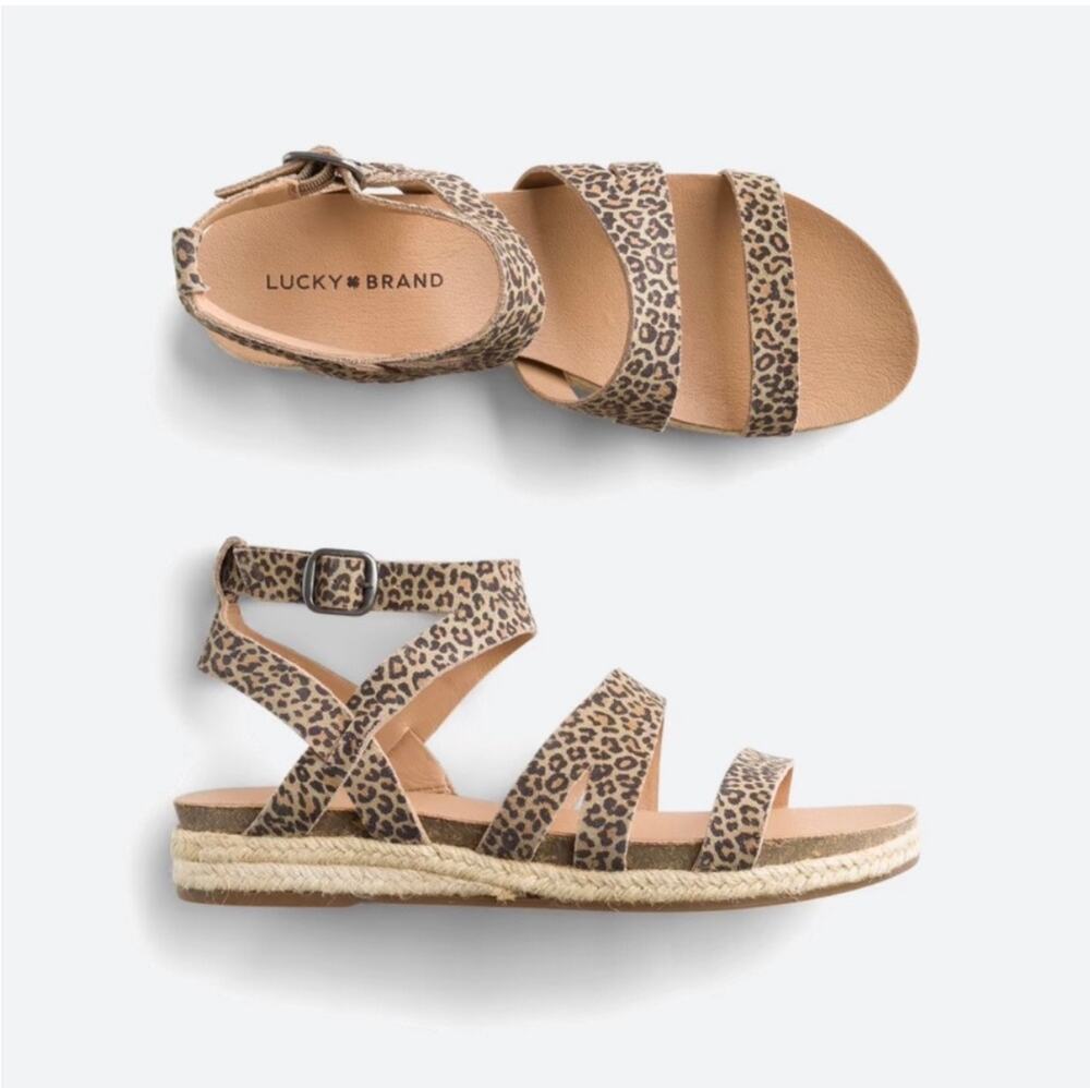 Lucky Brand Glaina Leather Leopard Strappy Espadrille Jute Sandals Size 8